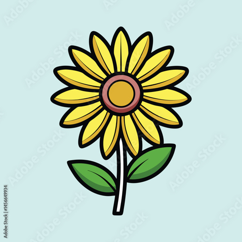 A Cheerful Yellow Sunflower with Green Leaves on a Light Blue Background