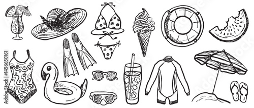 Set of summer vacation equipment swimsuit, ice cream, watermelon, cocktail, lifebuoy, inflatable ring, beach umbrella, flamingo, diving suit, beach hat, sunglasses. Brush stroke texture sketches.