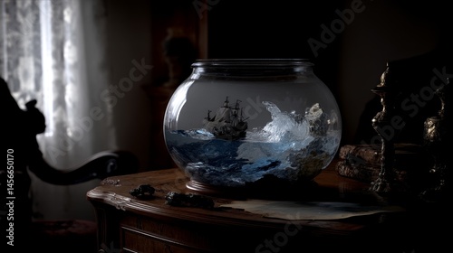 The composition consists of a ship in a bottle, glass sphere, ocean waves, a wooden table, fantasy artwork, and interior design elements