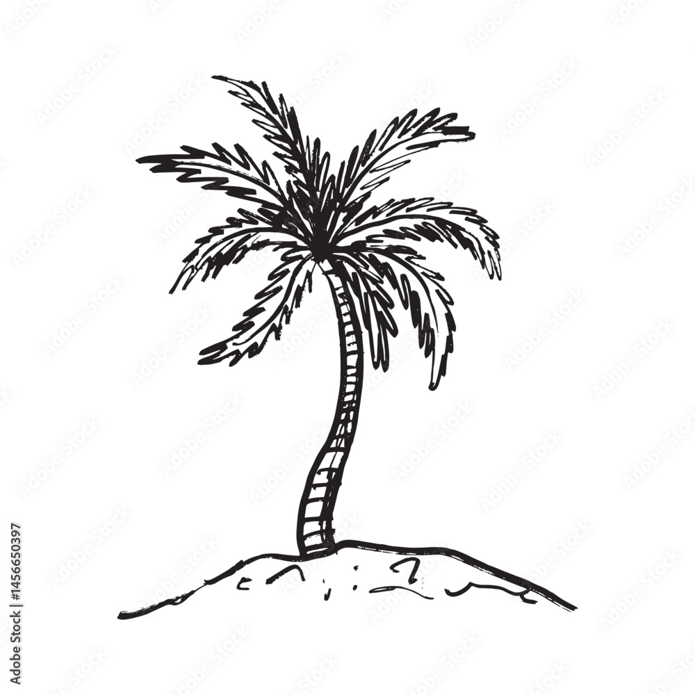 Palm tree growing on beach in the sea in black brush stroke texture isolated on white. Hand drawn vector sketch illustration in vintage charcoal ink. Sea vacation, print design, travel drawing.