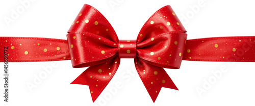 Shiny red ribbon with golden polka dots, tied into a festive and charming holiday bow, isolated on a transparent background
