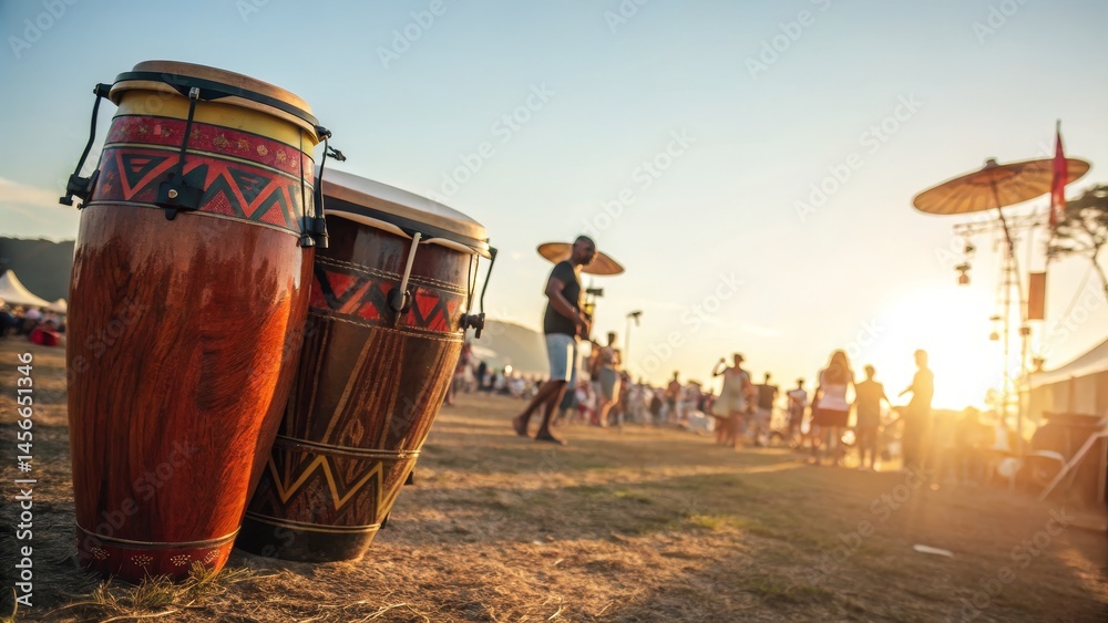 Obraz premium Sunset Conga Drums at Music Festival, Percussion, Summer Festival Percussion, Festival