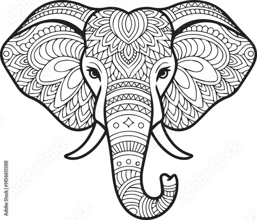Elephant head mandala decorative coloring page for adults, black line art vector illustration for design element