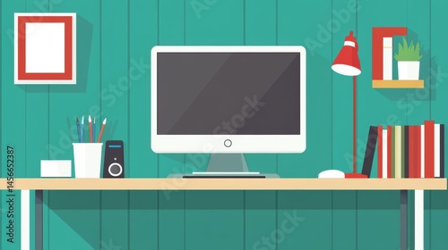 Flat Design Workspace Illustration Showing Computer Desk Lamp and Bookshelf against Teal Wall in Home Office