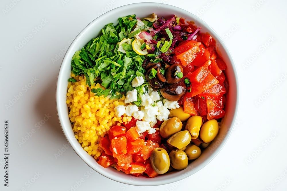 Top view of colorful fusion poke bowl combining Mediterranean and Hawaiian elements: couscous, marinated tuna, olives, feta cheese Top view of colorful fusion poke bowl combining Mediterranean and Hawaiian elements: couscous, marinated tuna, olives, feta cheese