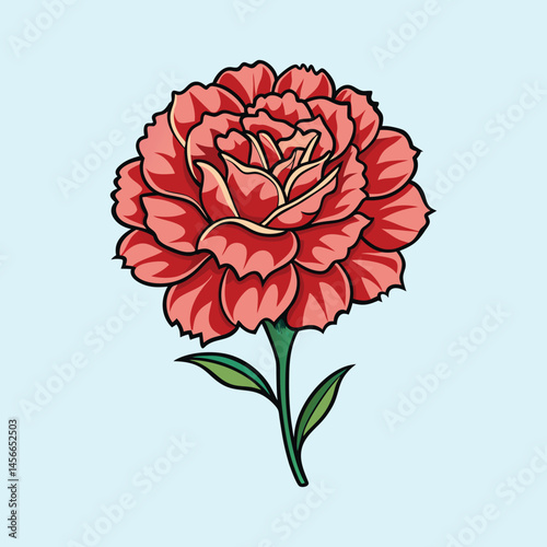 A Vibrant Red Carnation Flower Blossom Illustration with Green Stem and Leaves