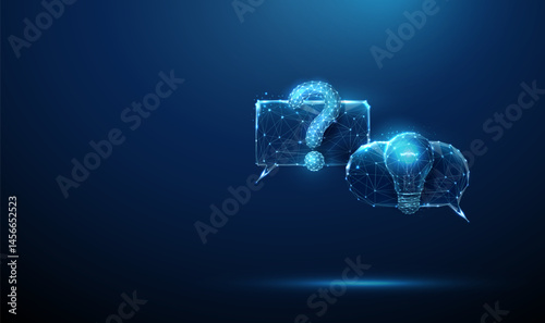 Blue futuristic chat bubbles with question mark and light bulb AI-driven conversation, idea generation, smart problem-solving
