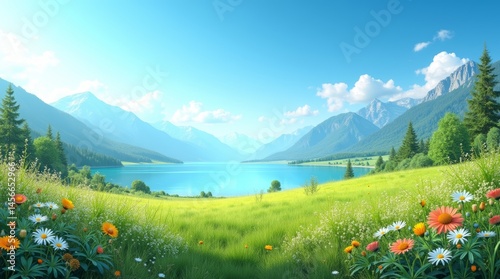 A highly detailed and crystal-clear high-resolution illustration of an untouched and pristine natural environment, showcasing a serene and idyllic scene with lush greenery