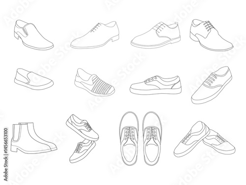 Men's shoes hand drawn collection.Various types of male shoes casual boots, sneakers, formal shoes, vector sketch illustration,front, back, top, side, sneakers, isolated on white background.