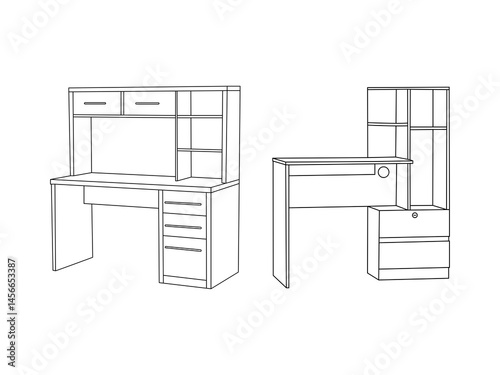 Business Office Desk Line Art Vector Illustration . Workplace. linear icon. Line with Editable stroke .Office interior outline sketch. Modern business workspace with office furniture.
