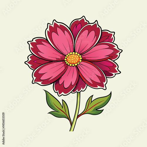 Vibrant Pink Flower with Intricate Petals and Green Leaves Botanical Illustration