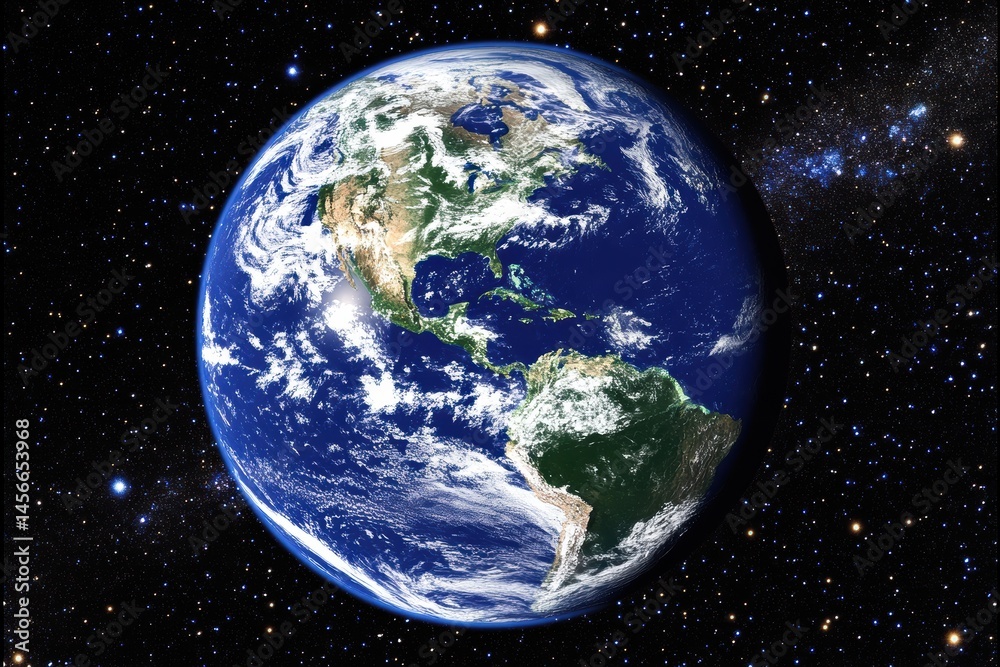 Obraz premium Earth from Space View of North and South America with Clouds and Stars in the Background