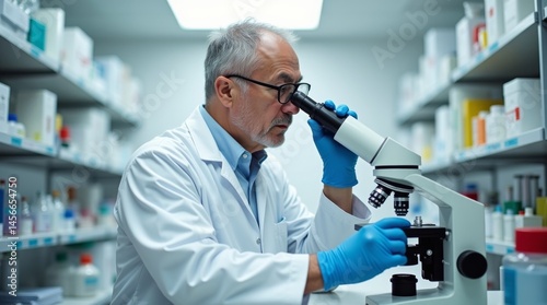 High-resolution stock photo of a middle-aged scientist with a focused expression, wearing a crisp white lab coat, standing in a well-lit, modern laboratory