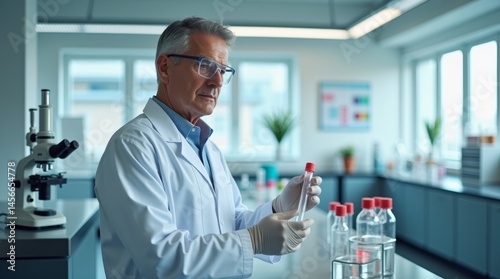 High-resolution stock photo of a middle-aged scientist with a focused expression, wearing a crisp white lab coat, standing in a well-lit, modern laboratory