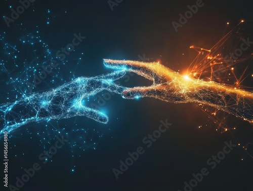 Digital hands reaching out in a symmetrical composition concept of connection technology and artificial intelligence in a studio shot