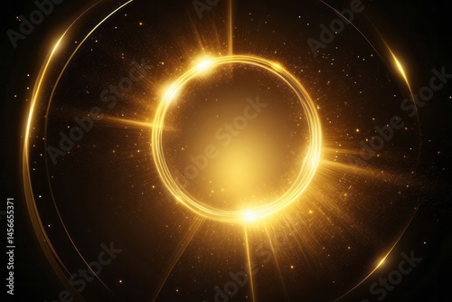 Dark gold yellow and glow particle circle abstract background with light ray effect