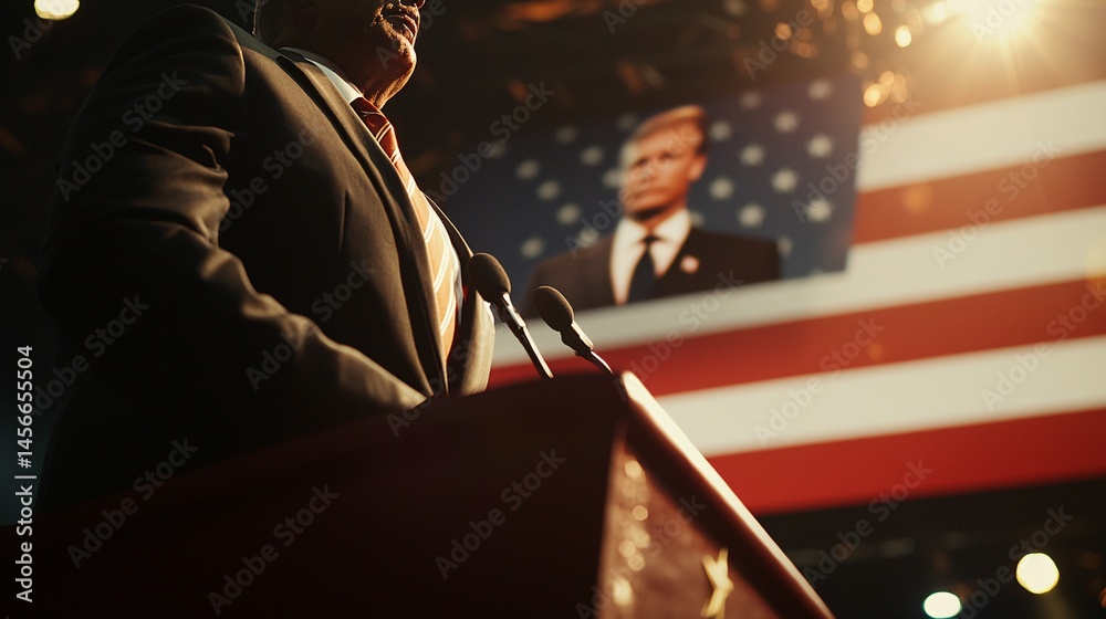 Obraz premium politician delivers a speech while only looking at their own image on a monitor, ignoring the audience, representing self-absorption in power. politician, narcissism, power, speech, self-absorbed, 
