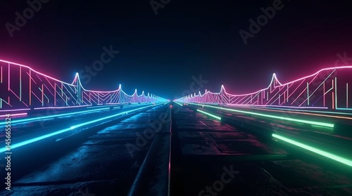 Vibrant neon light lines in shades of electric blue, hot pink, and lime green tracing intricate geometric patterns against a deep, inky black background