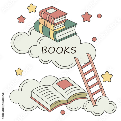 Stacked Books and Open Book on Clouds with Ladder and Stars Illustration