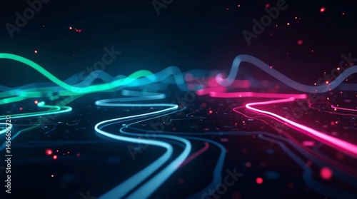 Vibrant neon light lines in shades of electric blue, hot pink, and lime green tracing intricate geometric patterns against a deep, inky black background
