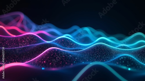 Vibrant neon light lines in shades of electric blue, hot pink, and lime green tracing intricate geometric patterns against a deep, inky black background