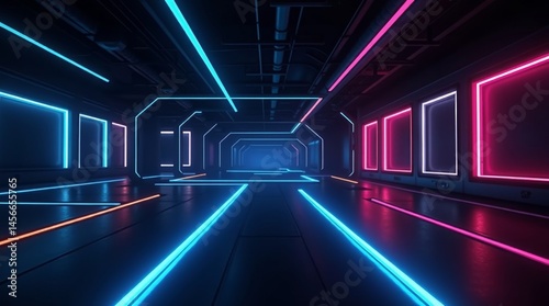 Vibrant neon light lines in shades of electric blue, hot pink, and lime green tracing intricate geometric patterns against a deep, inky black background