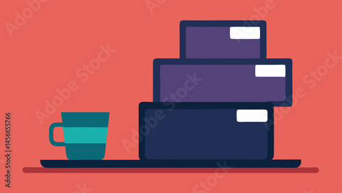 Coffee Cup Pyramid A stack of empty coffee cups next to a laptop symbolizing reliance on caffeine to cope with long hours and work pressure.