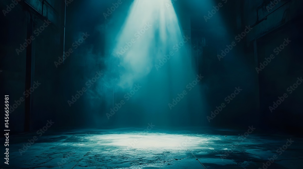 Fototapeta premium Intense spotlight illuminates empty, dark interior space.