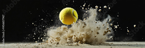 Tennis Ball Impact with Exploding Dust and Debris High-Speed Action Shot,dynamic Tennis Ball in Motion with Dust,Tennis Ball Hitting Ground with Exploding Dust,tennis ball captured in stunning,