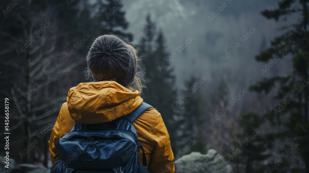 Person in yellow jacket with backpack overlooking foggy mountain forest. Person in yellow jacket with backpack overlooking foggy mountain forest.