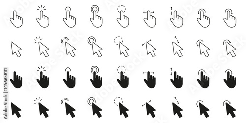 Hand Gesture Click And Cursor Icons Line And Solid Icon Set. Pointer And Tap Symbol Collection. Isolated Vector Illustration