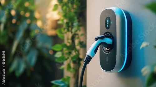 A sleek electric vehicle charging station with vibrant blue illumination, set against a lush, green outdoor backdrop