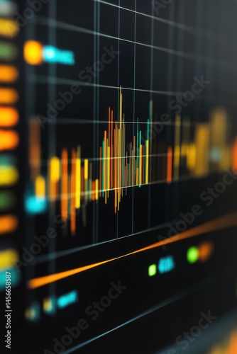 A colorful bar graph on a dark background, showcasing data analysis or market trends with varying heights and vibrant hues