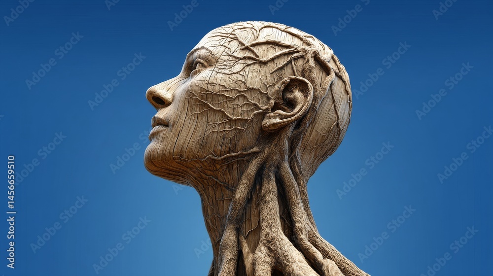 Obraz premium Nature is intertwined with art in a surreal piece that combines tree roots and a human face, showcasing organic sculpture and wood veins on a blue background