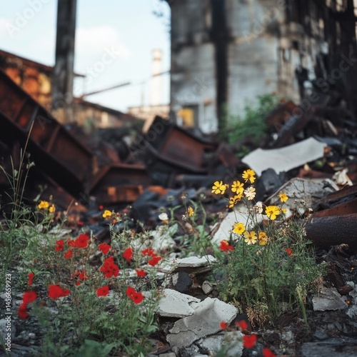 Wildflowers grow among rubble and debris in front of an abandoned, decaying industrial building.