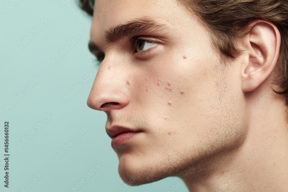 Fototapeta premium A closeup view of a man's face with noticeable red pimples and skin inflammation illustrates the challenges of acne, problem skin, rosacea, and couperose, and the need for effective facial treatment
