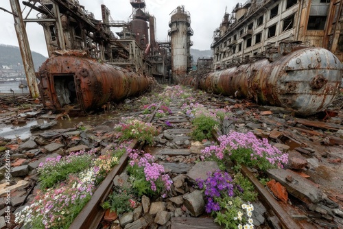 Wildflowers grow amid rusted industrial ruins, symbolizing nature reclaiming an abandoned factory.