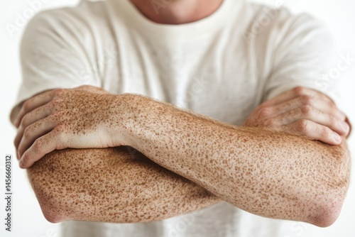 Freckled young man's arms and hands isolated on white