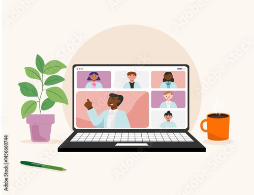 people connecting together learning meeting online teleconference video conference remote working laptop computer work from home anywhere illustration