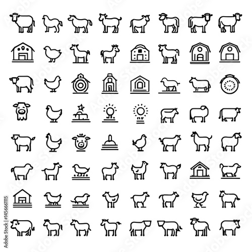 家畜のシンプルな線画アイコンセット｜Simple Line Art Farm Animal Icons