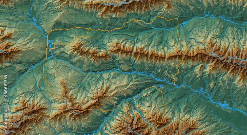 Fototapeta premium Topographic map of mountain landscape with rivers
