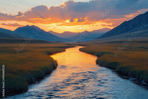 Serene River at Sunset Surrounded by Majestic Mountain Landscape