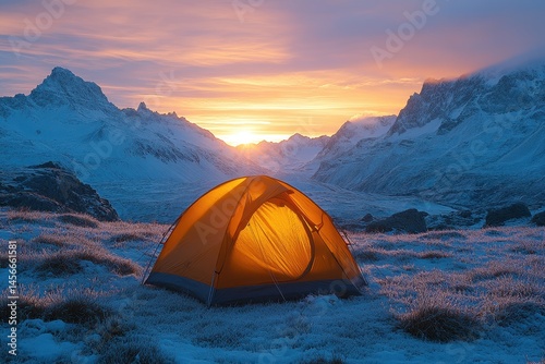 Cozy Camping Tent Under Vibrant Sunset in Snowy Mountain Landscape