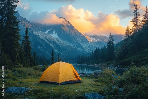 Bright Yellow Tent Beside Serene Mountain Lake at Sunrise
