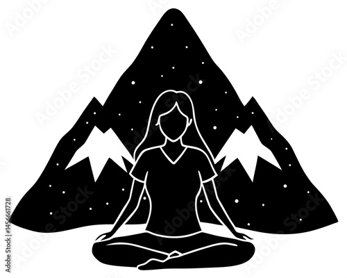 Girl meditating under mountain outline