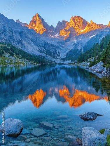 Majestic Mountain Peaks Reflecting in Tranquil Lake at Sunrise