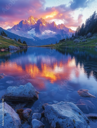 Breathtaking Mountain Landscape at Sunrise with Colorful Reflection