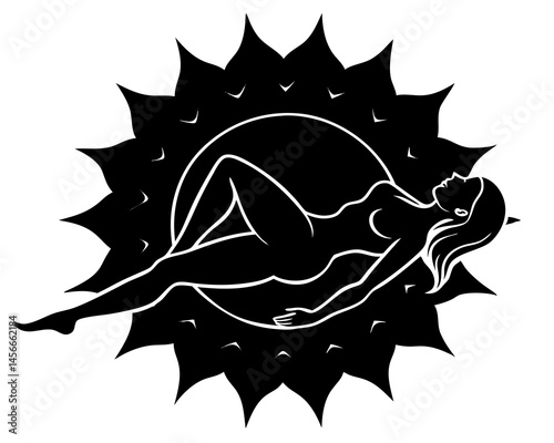 Silhouette of woman laying on sun shaped frame