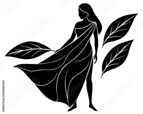 Silhouette of woman wrapped in leaf shawl