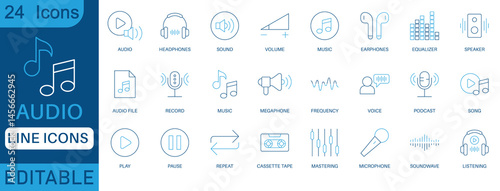 Audio line icon set. Containing headphones, sound, music, volume, earphones, equalizer and speaker icons. perfect icon collection.
